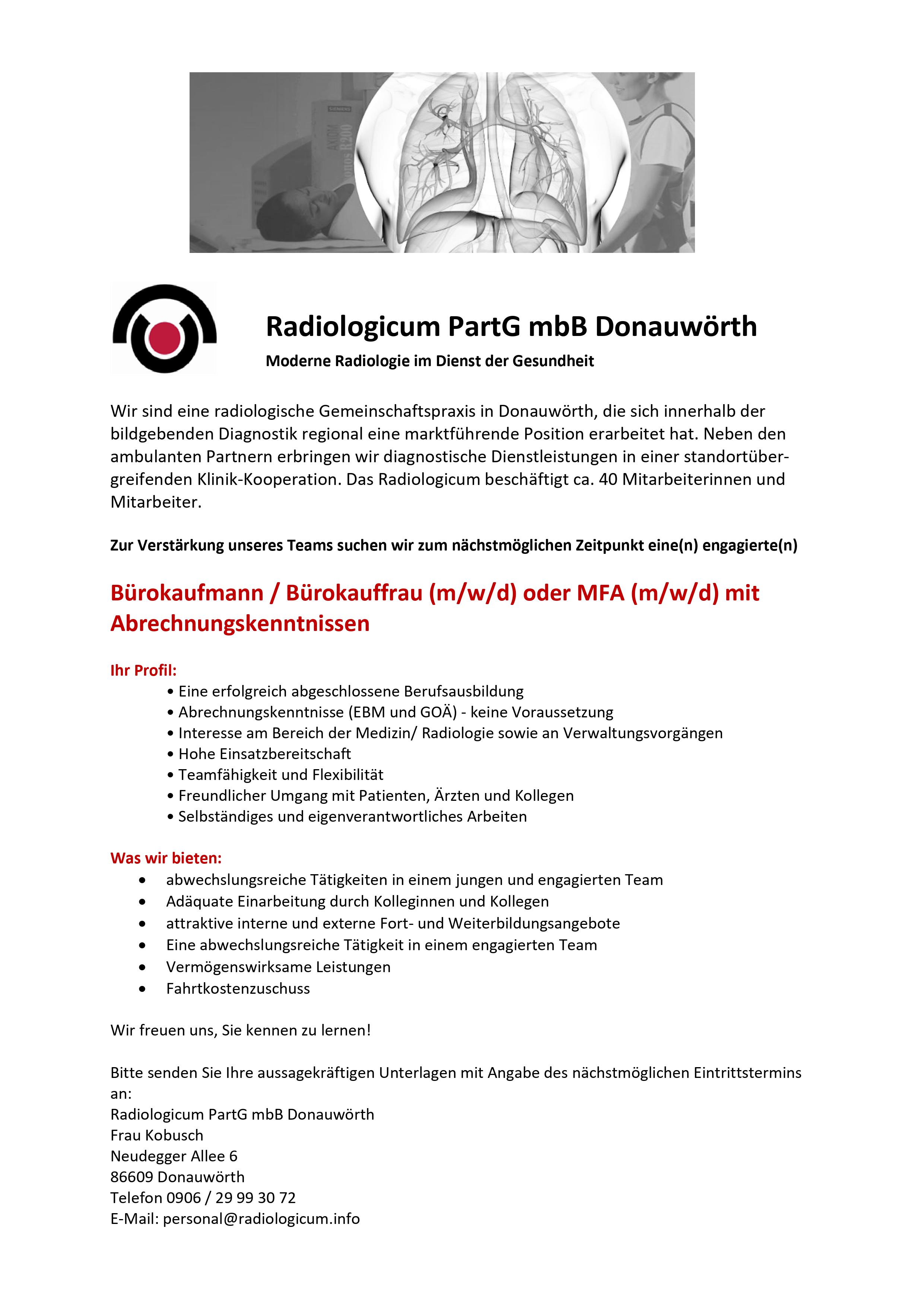 Bürokaufmann / Bürokauffrau (m/w/d) oder MFA (m/w/d) mit Abrechnungskenntnissen