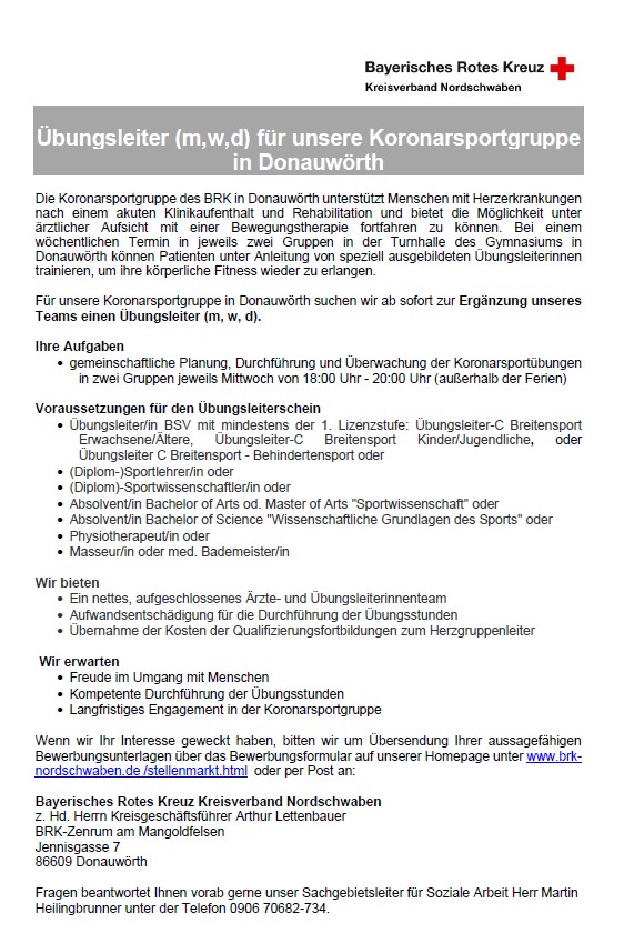 Übungsleiter für unsere Koronarsportgruppe in Donauwörth (m/w/d)