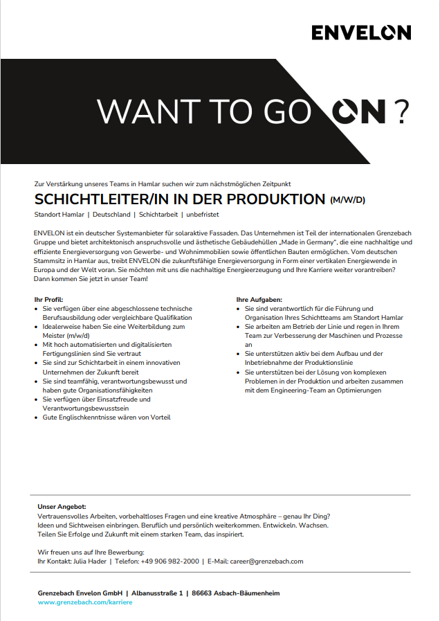 SCHICHTLEITER/IN IN DER PRODUKTION (M/W/D)