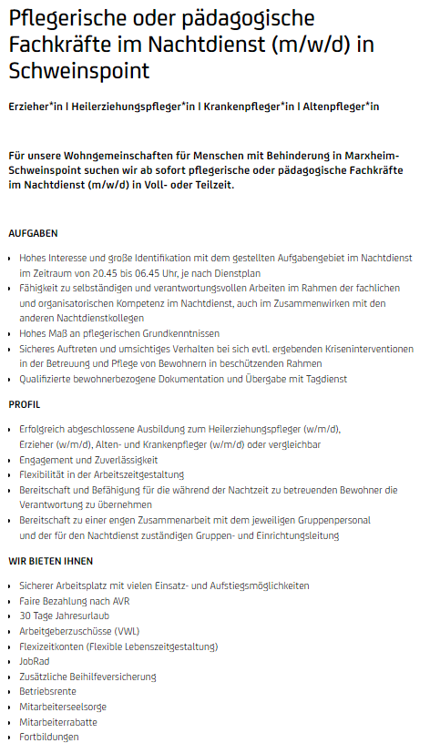 Pflegerische oder pädagogische Fachkräfte im Nachtdienst (m/w/d) in Schweinspoint