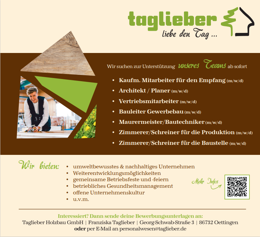 • Kaufm. Mitarbeiter für den Empfang (m/w/d) • Architekt / Planer (m/w/d) • Vertriebsmitarbeiter (m/w/d) • Bauleiter Gewerbebau(m/w/d) • Maurermeister/Bautechniker (m/w/d) • Zimmerer/Schreiner für die Produktion (m/w/d) • Zimmerer/Schreiner für die Baustelle (m/w/d)