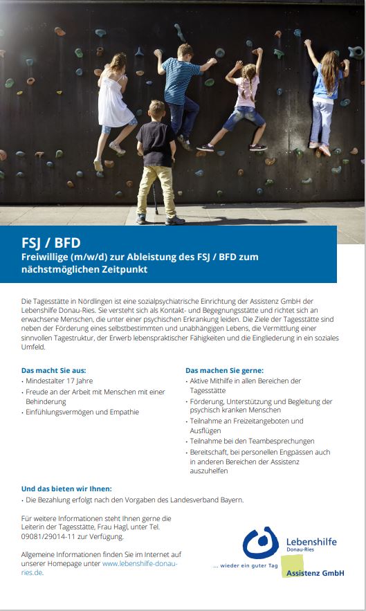 FSJ / BFD Freiwillige (m/w/d) zur Ableistung des FSJ / BFD zum nächstmöglichen Zeitpunkt