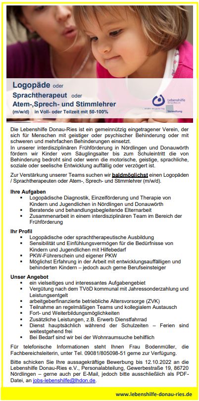 Logopäde oder Sprachtherapeut oder Atem-,Sprech- und Stimmlehrer (m/w/d)