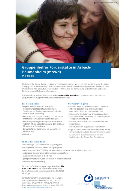 Gruppenhelfer Förderstätte in Asbach Bäumenheim (m/w/d)
