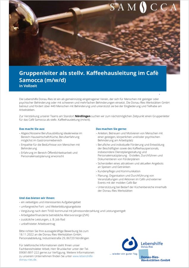 Gruppenleiter als stellv. Kaffeehausleitung im Cafe Samocca (m/w/d)