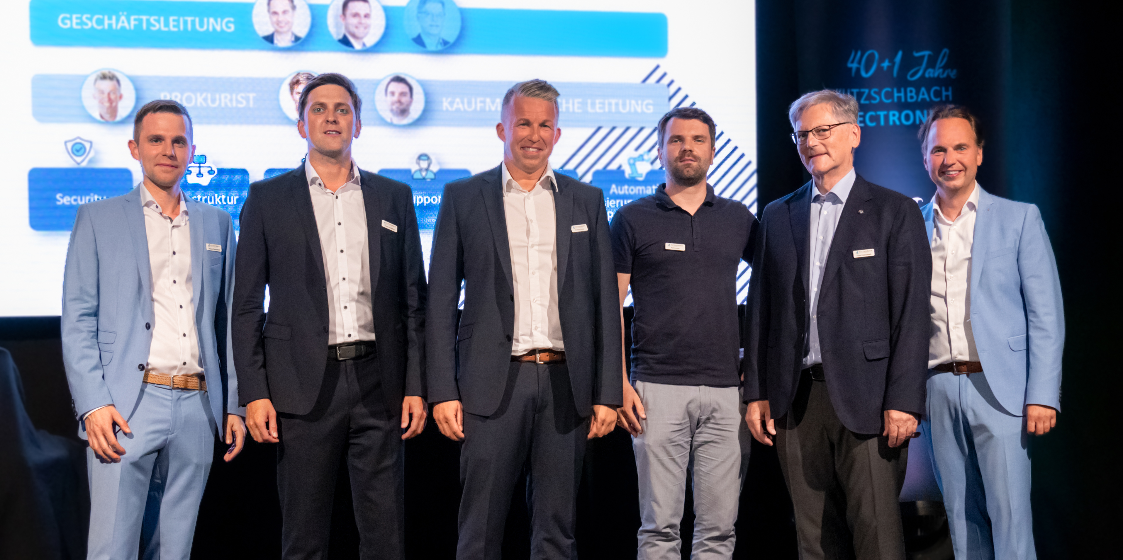 Bekanntgabe der Erweiterung des Führungsteams bei den Kutzschbach-Partnertagen im Juli 2022 v.l.n.r.: Thomas Kutzschbach (Geschäftsführer), Tobias Schiffelholz (Prokurist), Andreas Fischer (Prokurist), Ralf Lindner (Kaufmännischer Leiter), Frank Kutzschbach (Geschäftsführer), Frank Söder (Geschäftsführer)