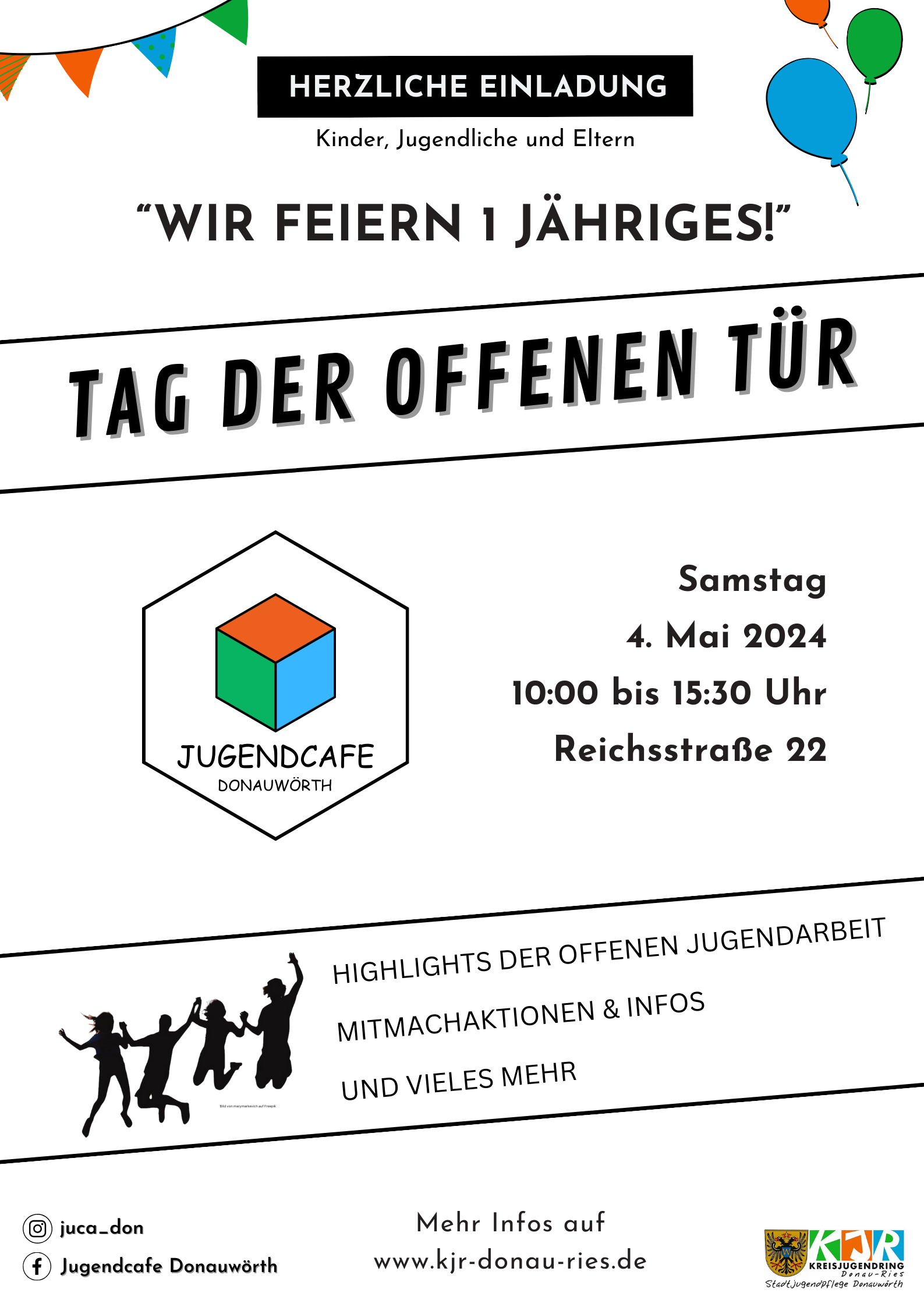 Hier sieht man das Plakat mit Einladung zum Jubiläum des Jugendcafés.