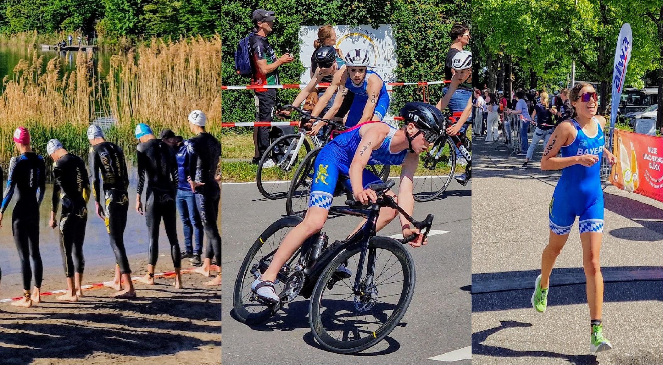 Das Bild zeigt Joel Westphal auf dem Rad und Nina Mayer beim Zieleinlauf.