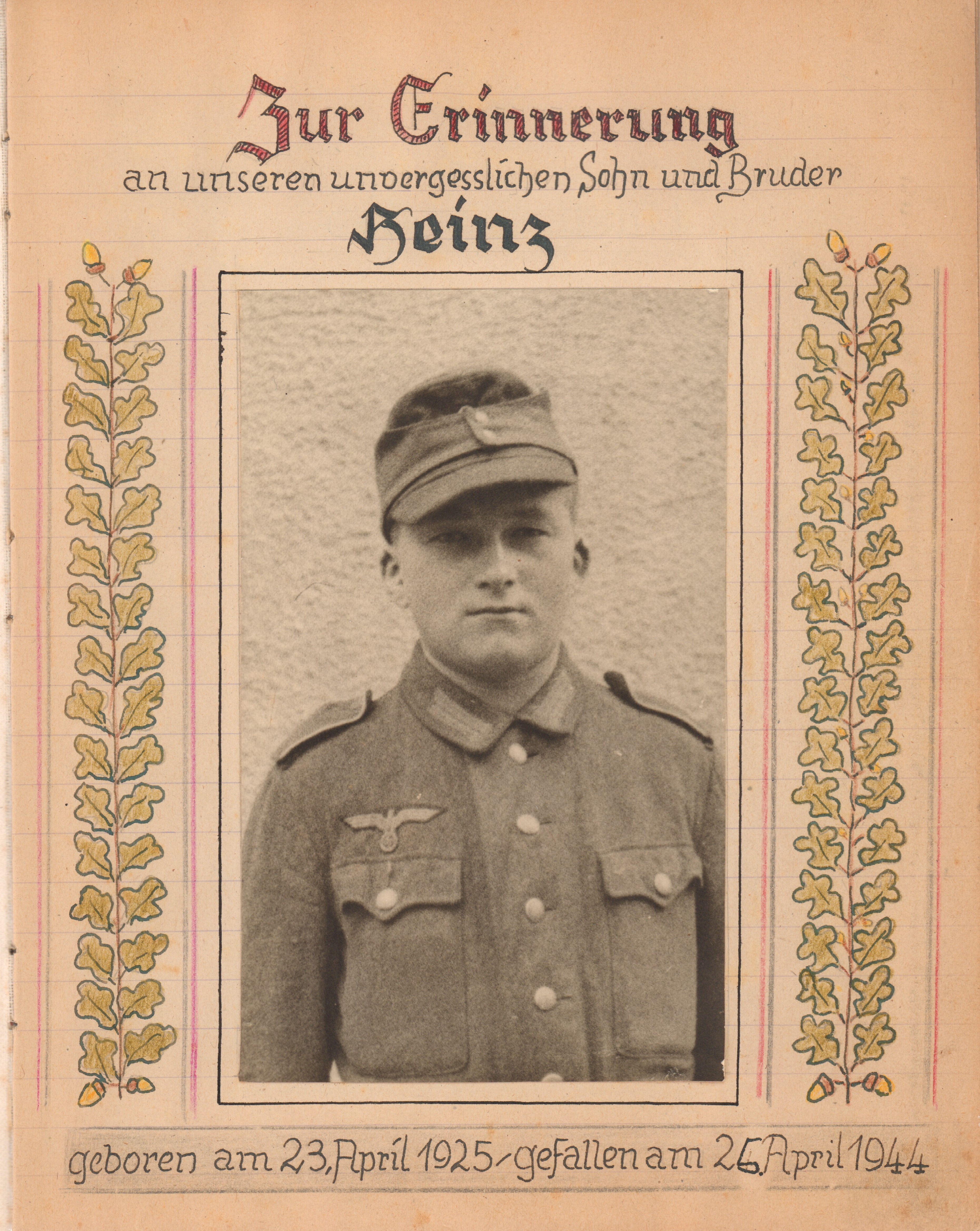 Titelseite des von Karl Ehrentreich gestalteten Erinnerungsbuchs an seinen Sohn Heinz (1925-1944).