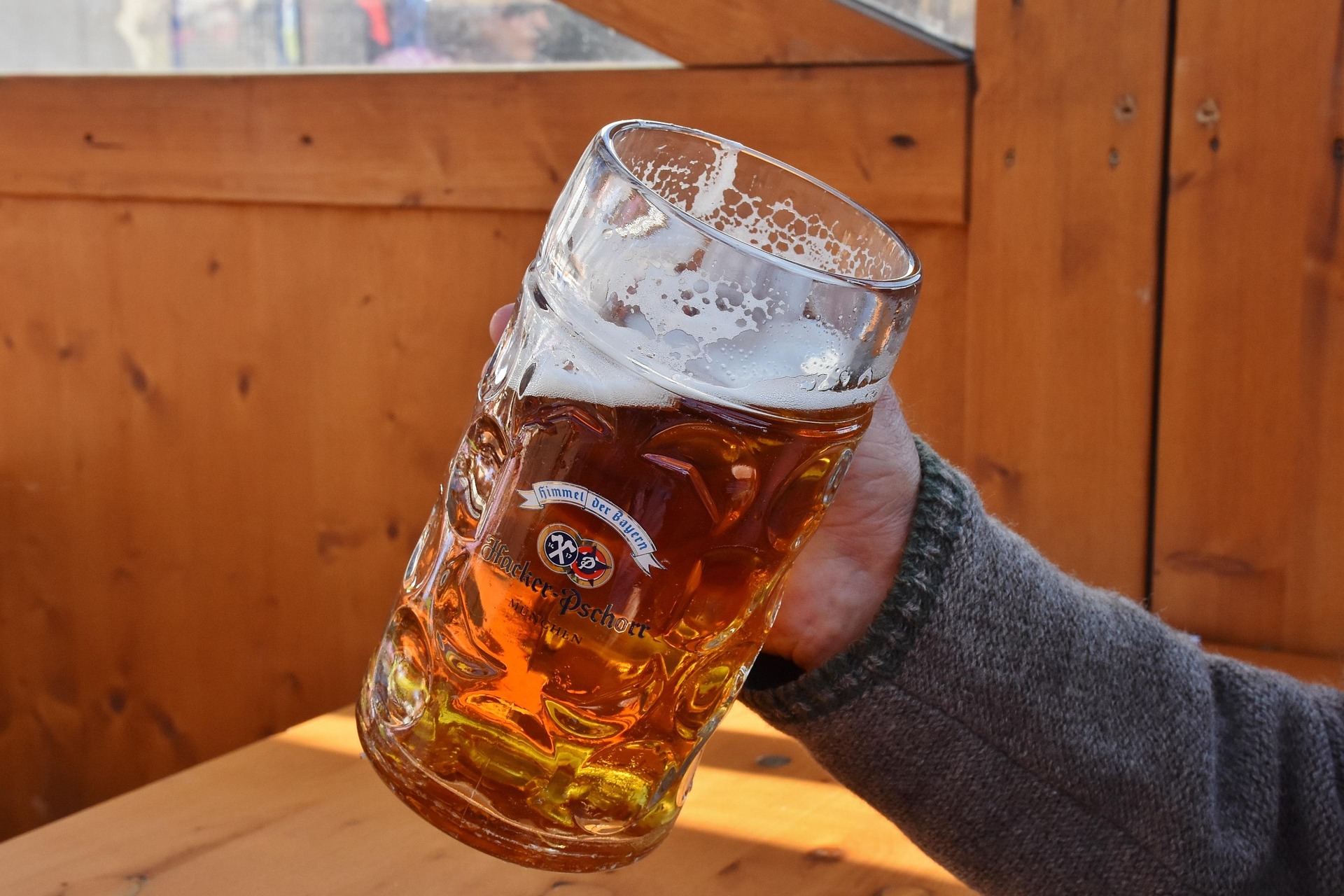Das Bild zeigt einen Arm, der ein Maß Bier hält.