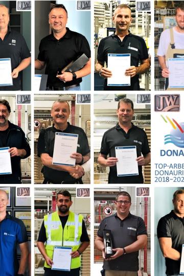 Von oben links aus dem Vertrieb: Michael Gebele (25 Jahre) und Rainer Hofer (25), aus der Abteilung Presse / Kaschieranlage: Markus Singheiser (25) und Thomas Enslin (25), zweite Reihe von links aus der Endfertigung: Albert Thum (25), Norbert Bromberger und Markus Trollmann (25), unten von links: aus der E-Werkstatt: Helmut Schmutterer (10), aus der Endfertigung: Dario Hertle (10) und Daniel Zollnhofer (10) sowie Projektingenieur Stefan Randi (10).