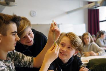 Das Bild zeigt Schüler der Realschule Rain, die mit Nanotechnologie experimentieren.