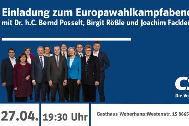 Das Bild zeigt das Banner der CSU zum Europawahlkampfabend.