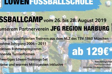 Das Bild zeigt ein Plakat der Löwenfußballschule-Fußballcamp in Harburg.