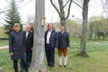 Im Rahmen des Religionsunterrichts haben die katholischen Schüler der 9. Klassen der Privaten Wirtschaftsschule Donauwörth mehrere Wildbienenhäuser gefertigt. Auf dem Bild zu sehen von links: Schulleiterin Gabriele Braun, Kapfer, Stadtgärtner Franz Gruber, Oberbürgermeister Armin Neudert und Sepp Vogel. 