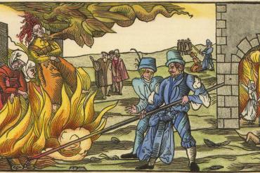 Flugblatt mit der Darstellung einer Hexenverbrennung, 1555.