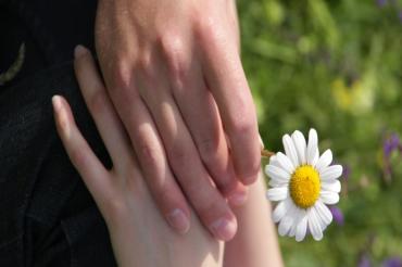 Das Bild zeigt zwei Hände mit einer Blume