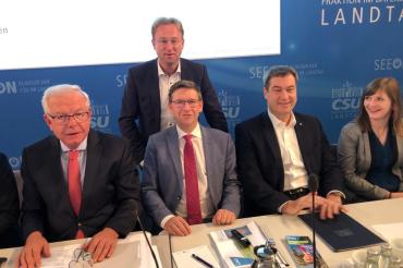 Auf dem Bild zu sehen (von links): Thomas Kreuzer (CSU-Fraktionsvorsitzender im Landtag), stehend MdL Wolfgang Fackler, Landrat Stefan Rößle, Ministerpräsident Markus Söder, Annika Popp (Bürgermeisterin Leupoldsgrün). 