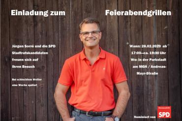 Am Freitag, den 28. Februar findet am „Haus der Begegnung“ in der Parkstadt ab 17 Uhr ein „Feierabendgrillen mit den SPD-Stadtratskandidaten und dem OB-Kandidaten Jürgen Sorré statt. 