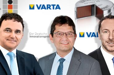 Freuen sich über die Verleihung des deutschen Innovationspreises (von links): Herbert Schein, Vorstandsvorsitzender VARTA AG, Rainer Hald, CTO VARTA Microbattery GmbH/VARTA Storage GmbH und Andreas Fritz, Head of Global Marketing, VARTA Microbattery GmbH. 