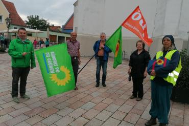 Fünf Personen am Münsterplatz mit Fahnen der Grünen und der ÖDP