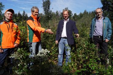 Vier Männer stehen im Wald