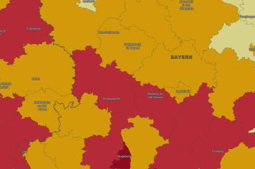 Karte mit farblich Markierten Landkreisen, unter anderem ist der Landkreis Donau-Ries rot eingefärbt. 