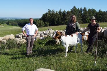 MdL Wolfgang Fackler besuchte Schäferin Simone Prinzing (rechts) auf dem Bock in Harburg. Mit dabei war auch Linda Raab (Schriftführerin Arbeitsgemeinschaft „Schäfereien Landkreis Donau-Ries und Umgebung“). 