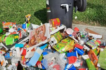 Das Bild zeigt einen überfüllten Mülleimer mit Müll um herum am Boden liegend. 