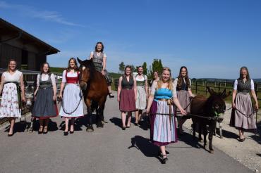Zehn Frauen im Dirndl laufen auf Straße, eine reitet auf einem Pferd, dabei zwei Esel
