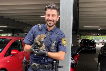 Das Bild zeit einen Beamten der PI Donauwörth mit dem geretteten Kätzchen.