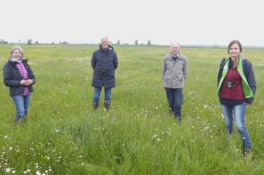 Dank ihnen wird die Gebietsbetreuung für mindestens drei Jahre fortgesetzt. Von links: Ulrike Lorenz (Vorständin des Bayerischen Naturschutzfonds), Jürgen Scupin, Johannes Ruf und die neue Gebietsbetreuerin Lara Müller – hier in den Pfäfflinger Wiesen. 