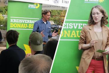Auf dem Bild seht man Eva Lettenbauer und Stefan Norder beim Biergartengespräch.