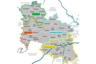Die Abbildung zeigt die vier hausärztlichen Planungsbereiche im Landkreis Donau-Ries.