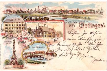 Diese historische Ansichtskarte stammt aus dem Jahr 1898. Damit dürfte sie wohl eine der ältesten Karten aus Oettingen sein. Zu sehen sind neben einer Panoramaansicht das Fürstliche Schloss, die Orgel- und Harmonium Fabrik Steinmeyer, der Monumentalbrunnen im Schlosshof und die Wörnitzbrücke.