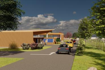 So ähnlich könnte der künftige Recyclinghof in Nördlingen aussehen, Blick von der provisorischen Einfahrt über den Supermarktplatz in Richtung Nordost.