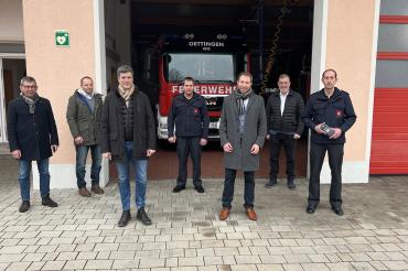 v.l.n.r.: Dieter Lessmann (Firma Lessmann), Christian Hammling (Firma Jeld-Wen), Stephan Miller (Firma KGM), Thomas Foltin (stellvertretender Kommandant), Thomas Heydecker (Bürgermeister), Wolfgang Oswald (Firma Jeld-Wen), Daniel Härtle (Kommandant)