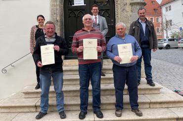 Dienstjubilare Stadt Nördlingen, Michaela Kleebauer, Hans-Peter Brunner, Erhard Henle, David Wittner, Friedrich Greiner und Manfred Kopf