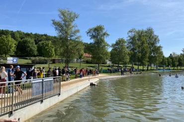 Zu sehen sind Sportler und Zuschauer beim Wemdinger Triathlon am Waldsee. 
