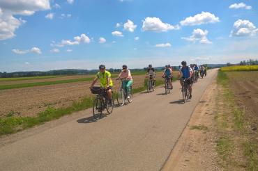 Zu sehen sind einige Fahrradfahrer auf einer Landstraße. 