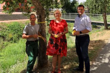 Im Bild v. l. n. r:  Stadtgärtnermeister Thomas Schneider, Stadträtin Bärbel Stahl und Oberbürgermeister Jürgen Sorré.