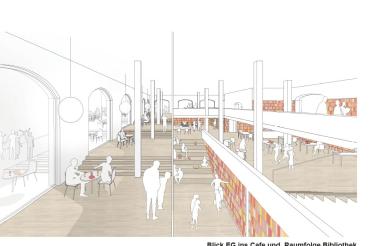 links: Blick ins Café, rechts: Raumfolge Bibliothek 