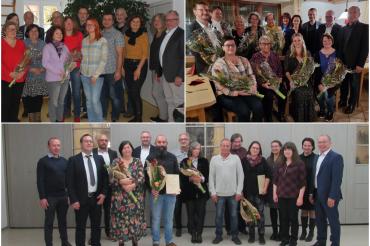 Das Bild zeigt die Geehrten aus dem Team des Vereins (oben links), der Wohnheim GmbH (oben rechts) und der Donau-Ries-Werkstätten (unten). 