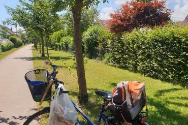 Das Bild zeigt ein Fahrrad mit Tüten, in welchen sich bereits gesammelter Müll befindet.