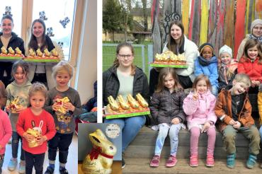 Auf dem rechten Bild die JELD-WEN Azubis Anne Malek, Greta Preiß, Erzieherin Stephanie Hoffmann und Azubi Natascha Weizel.