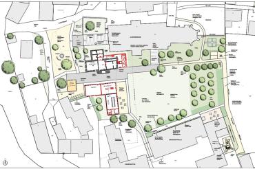 Das Bild zeigt die Freiflächenplanung für das Kloster-Areal von Auhausen in einer möglichen Variante mit Funktionsanbau an die Prälatur