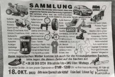Das Bild zeigt einen Werbezettel für eine Straßensammlung.