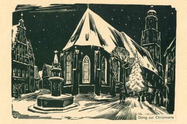 Christmette in St. Georg, Holzschnitt von Rudolf Warnecke, 1968