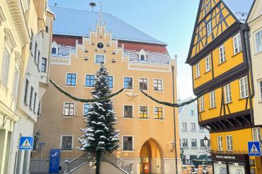 Das Bild zeigt das Rathaus mit Christbaum.