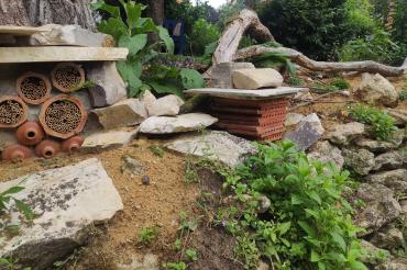 Garten mit Insektenhotel, Steinen und Bäumen